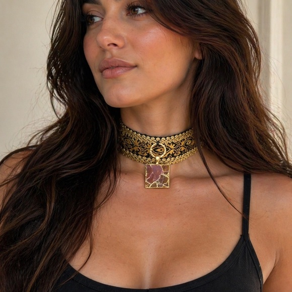 Artisan Jewelry - OOAK Handmade Gold Brocade Choker + Mosaic Glass Pendant – Boho Collar Nexklace